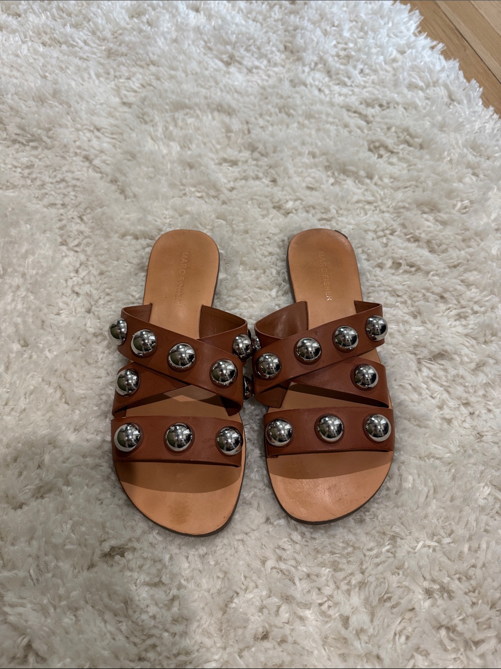 Marc Fisher Brown Leather Studded Slide Sandals